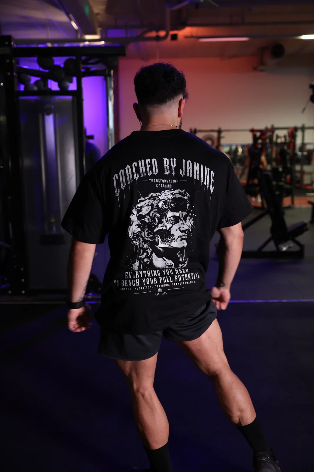 DAVID back print between the racks — oversized fit, print centred