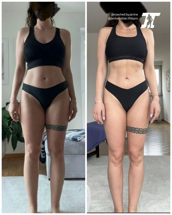 Coaching transformation — full physique, before and after